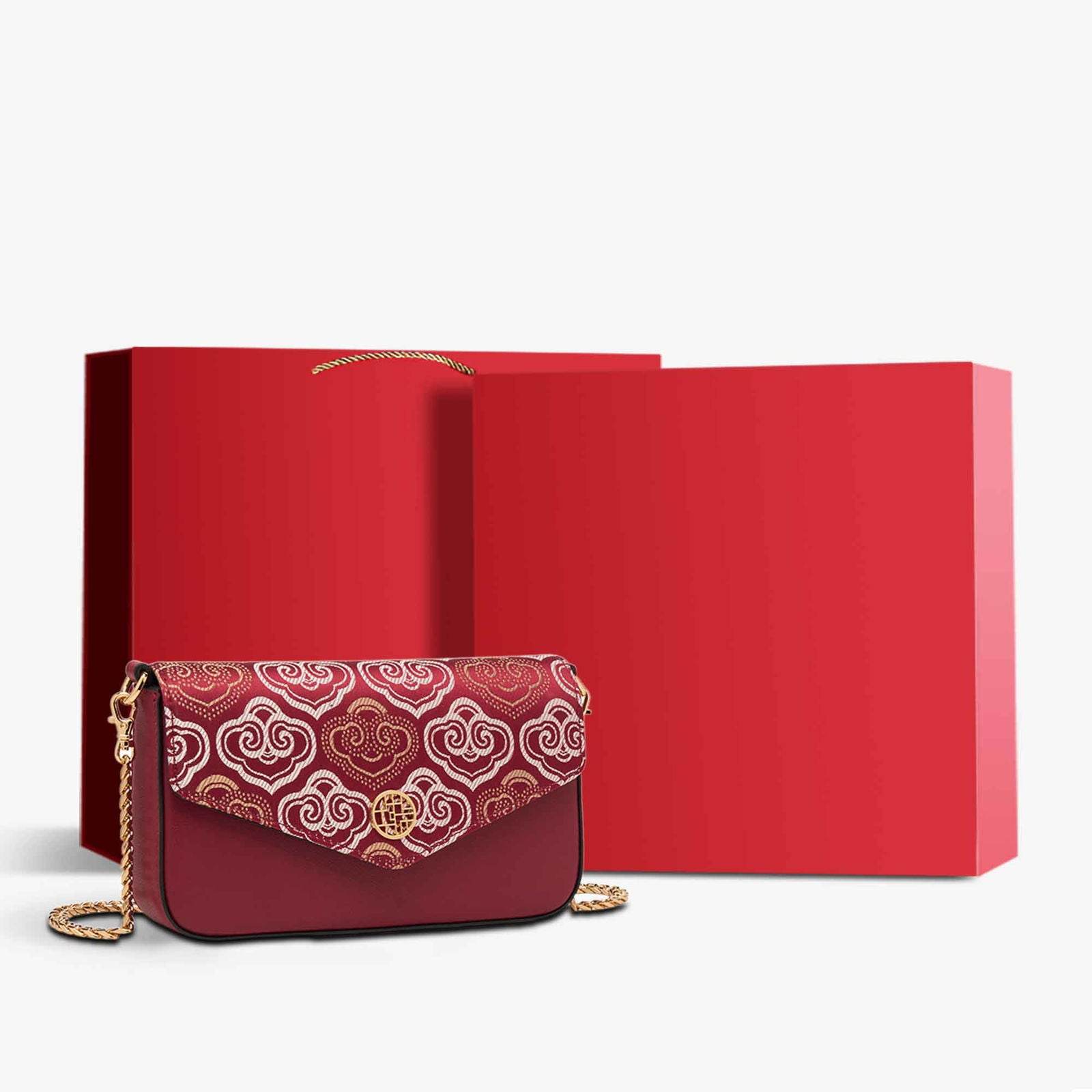 Embroidery Leather Flap Clutch Bag Auspicious Clouds Handbag - SinoCultural -- 1245251-5 -