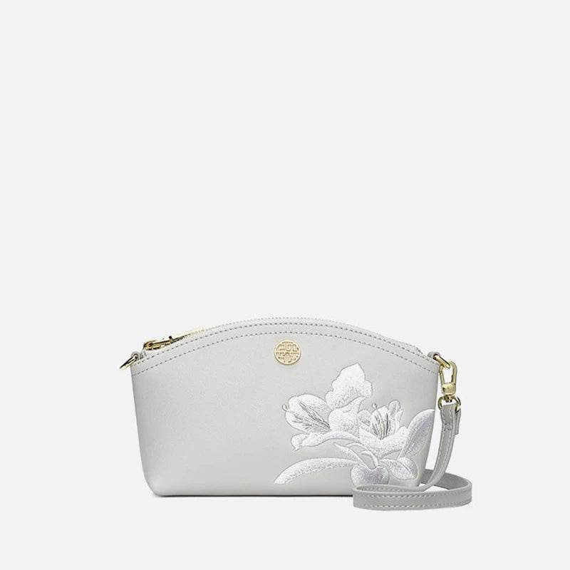 Embroidery Leather Grey Camellia Women Handbag Wallet - SinoCultural -- P220248-3 -