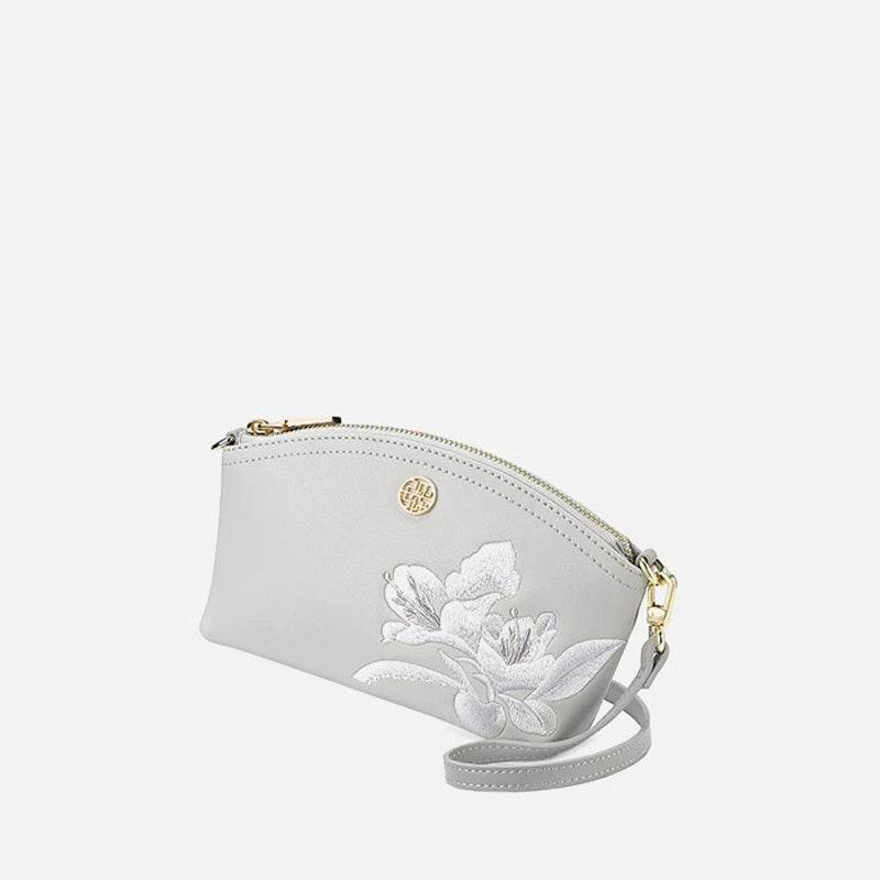 Embroidery Leather Grey Camellia Women Handbag Wallet - SinoCultural -- P220248-3 -