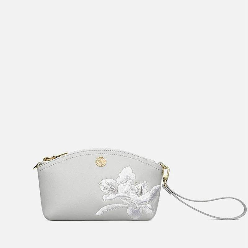 Embroidery Leather Grey Camellia Women Handbag Wallet - SinoCultural -- P220248-3 -