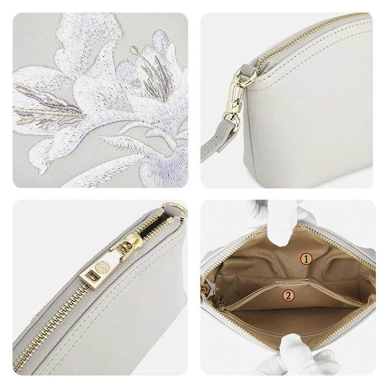Embroidery Leather Grey Camellia Women Handbag Wallet - SinoCultural -- P220248-3 -