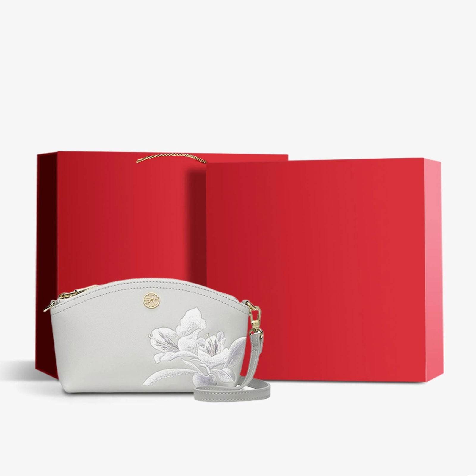 Embroidery Leather Grey Camellia Women Handbag Wallet - SinoCultural -- P220248-3 -