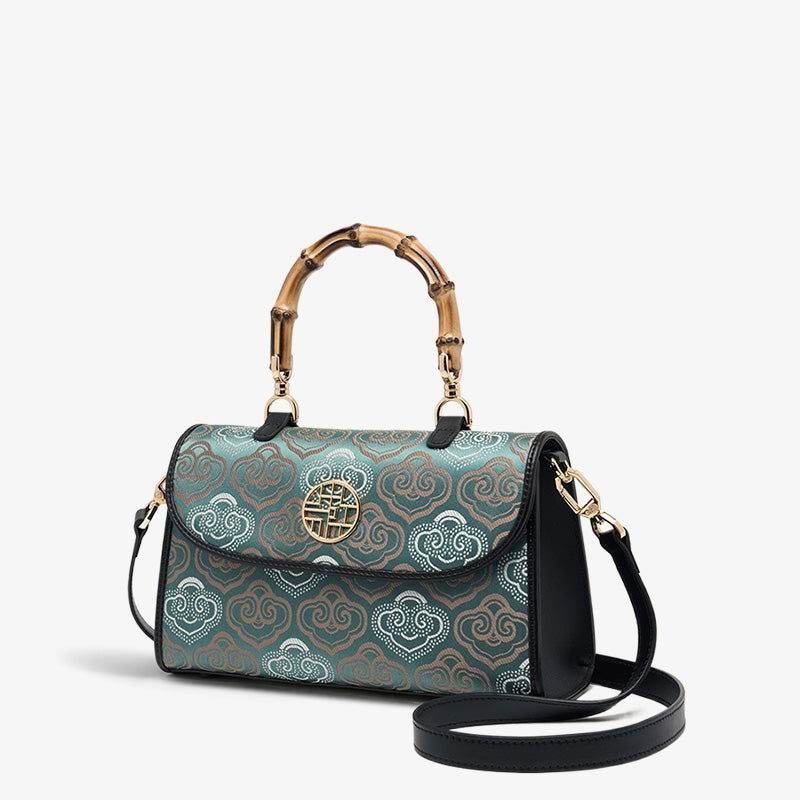 Embroidery Leather Bag Zhuang Brocade Bamboo Handle Handbag - SinoCultural -- SC1686-G1