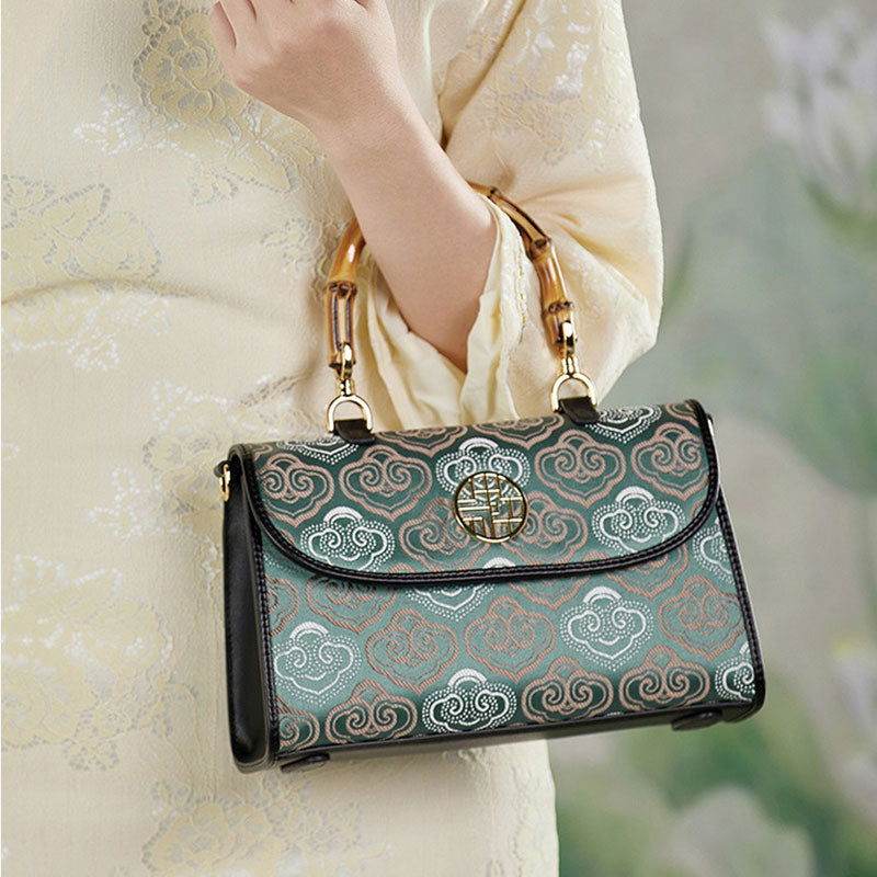 Embroidery Leather Bag Zhuang Brocade Bamboo Handle Handbag - SinoCultural -- SC1686-G1
