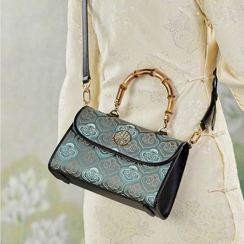 Embroidery Leather Bag Zhuang Brocade Bamboo Handle Handbag - SinoCultural -- SC1686-G1