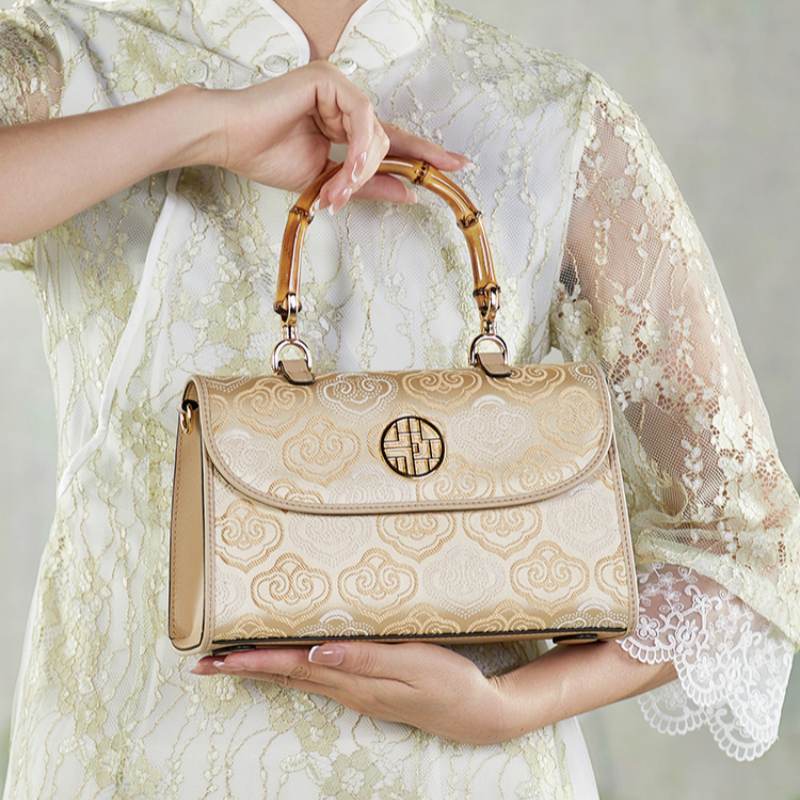 Embroidery Leather Bag Zhuang Brocade Bamboo Handle Handbag - SinoCultural -- SC1686-G1