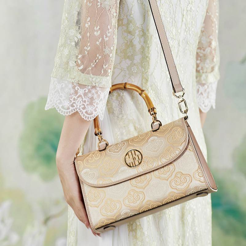 Embroidery Leather Bag Zhuang Brocade Bamboo Handle Handbag - SinoCultural -- SC1686-G1