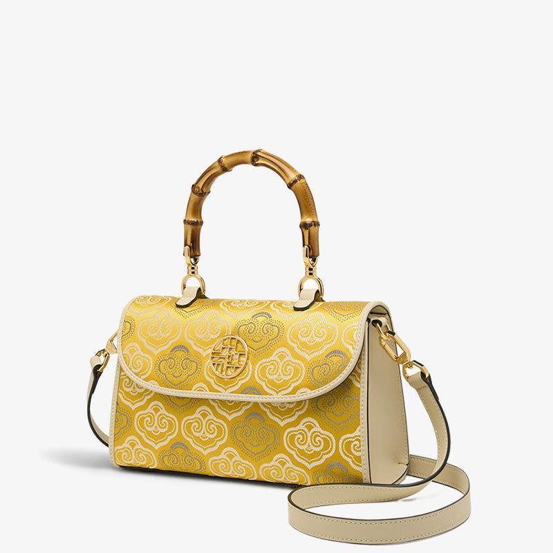 Embroidery Leather Bag Zhuang Brocade Bamboo Handle Handbag - SinoCultural -- SC1686-G1