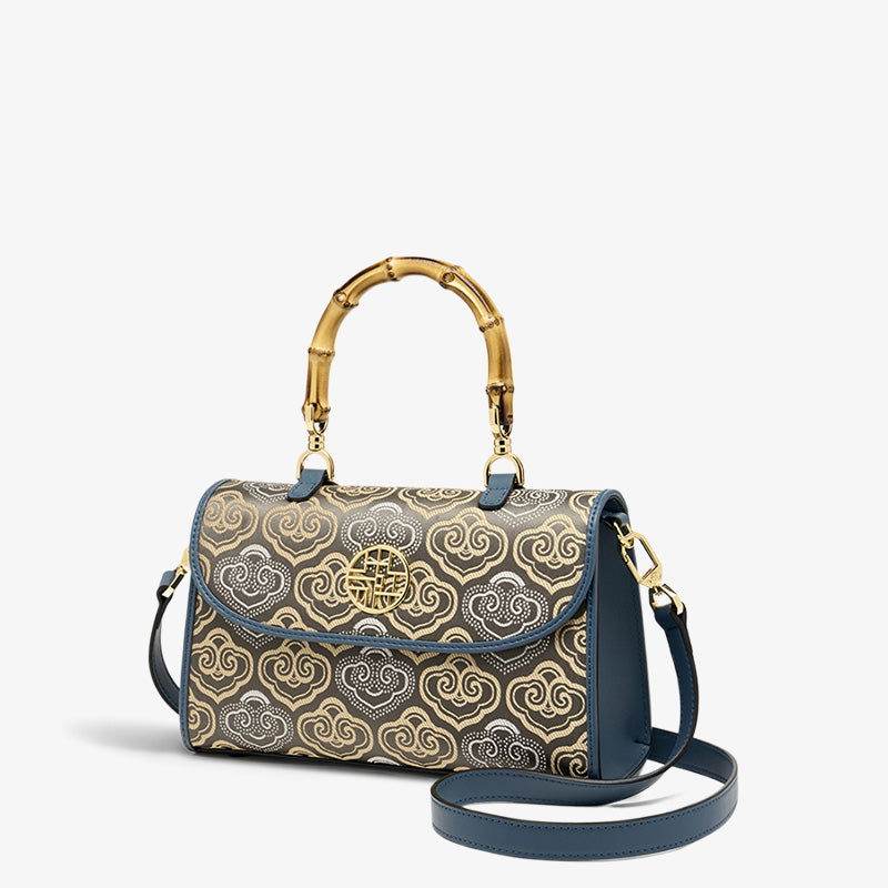 Embroidery Leather Bag Zhuang Brocade Bamboo Handle Handbag - SinoCultural -- SC1686-G1
