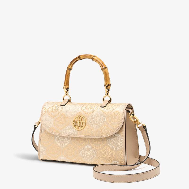 Embroidery Leather Bag Zhuang Brocade Bamboo Handle Handbag - SinoCultural -- SC1686-G1