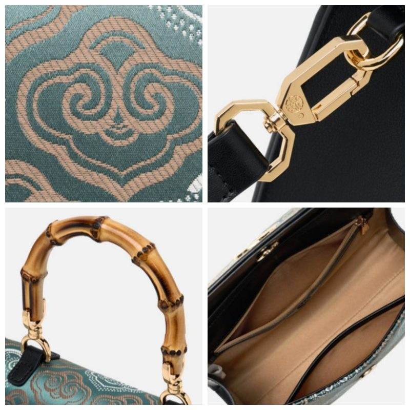 Embroidery Leather Bag Zhuang Brocade Bamboo Handle Handbag - SinoCultural -- SC1686-G1