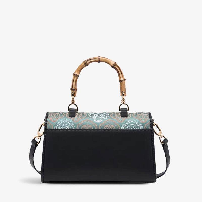 Embroidery Leather Bag Zhuang Brocade Bamboo Handle Handbag - SinoCultural -- SC1686-G1