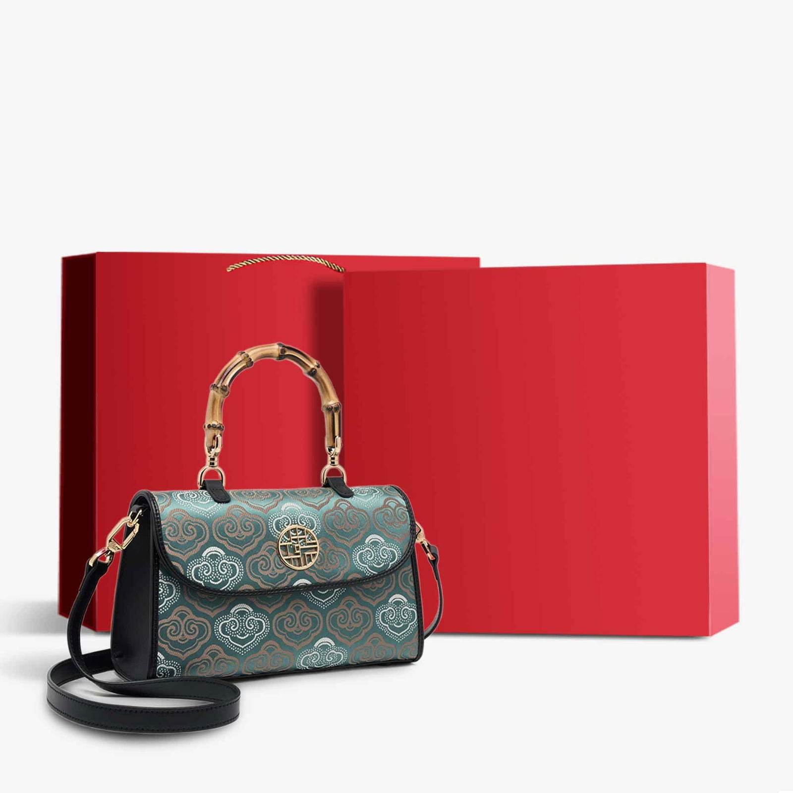 Embroidery Leather Bag Zhuang Brocade Bamboo Handle Handbag - SinoCultural -- SC1686-G1