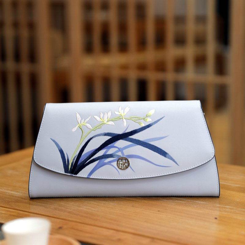 Embroidery Leather Clutch Bag Blue Orchid Elegant Handbag - SinoCultural