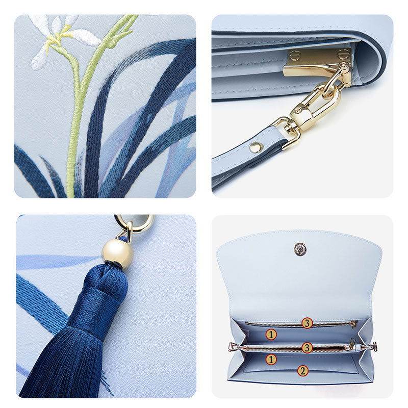 Embroidery Leather Clutch Bag Blue Orchid Elegant Handbag - SinoCultural