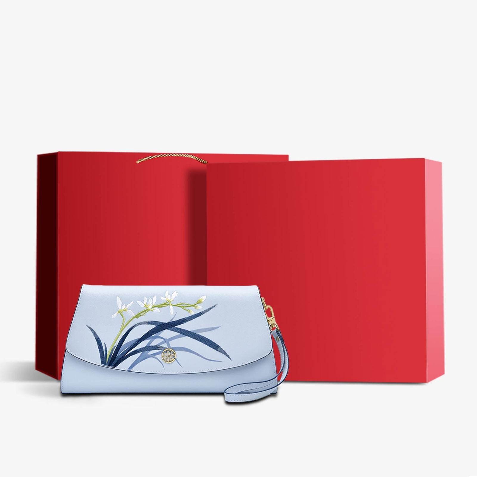 Embroidery Leather Clutch Bag Blue Orchid Elegant Handbag - SinoCultural