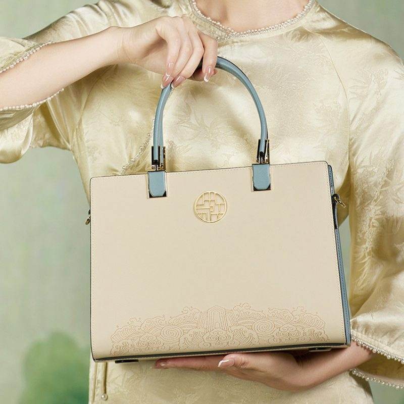 Embroidery Leather Ladies Tote Bag Chinese Style Handbag - SinoCultural -- SC1611-B2