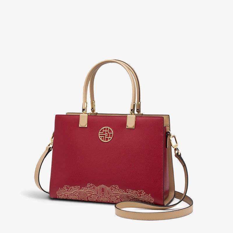 Embroidery Leather Ladies Tote Bag Chinese Style Handbag - SinoCultural -- SC1611-B2