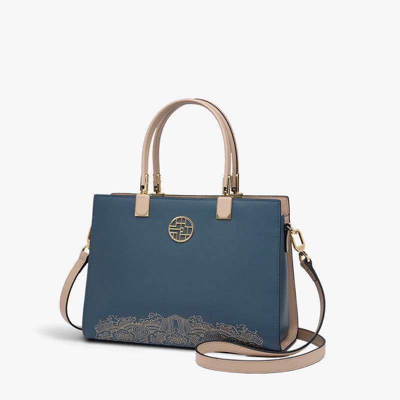 Embroidery Leather Ladies Tote Bag Chinese Style Handbag - SinoCultural -- SC1611-B2
