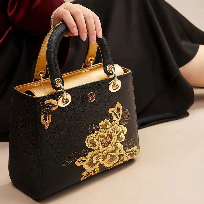 Embroidery Leather Black Lady Bag Gold Peony Luxury Handbag - SinoCultural -- P110146-1
