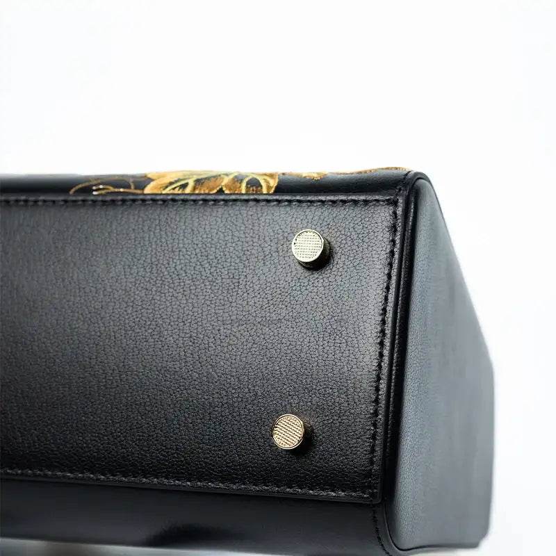 Embroidery Leather Black Lady Bag Gold Peony Luxury Handbag - SinoCultural -- P110146-1