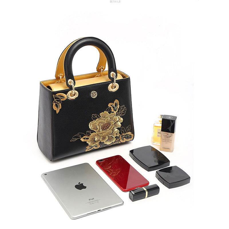 Embroidery Leather Black Lady Bag Gold Peony Luxury Handbag - SinoCultural -- P110146-1