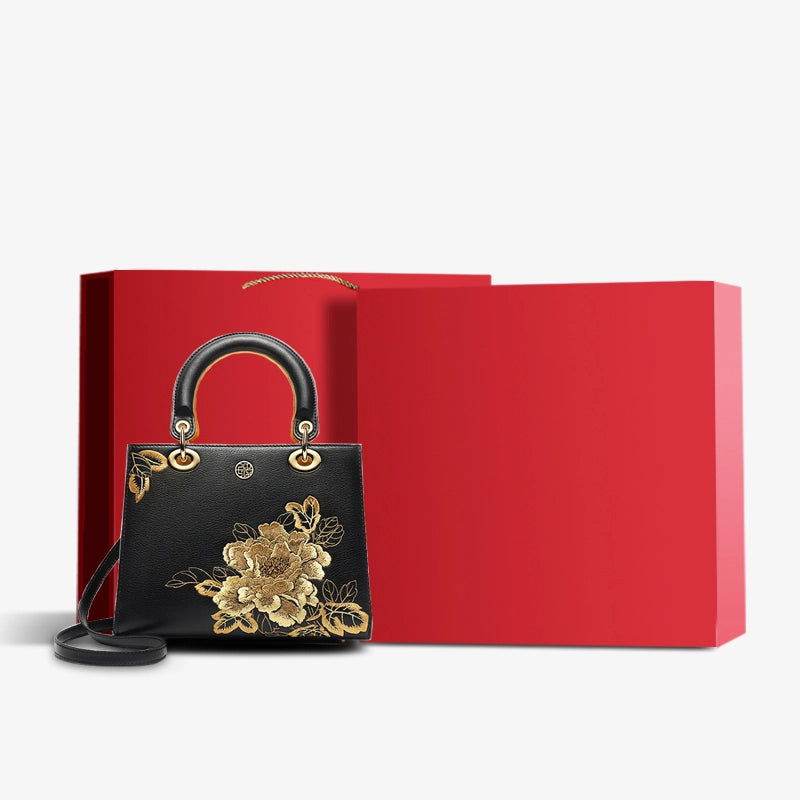 Embroidery Leather Black Lady Bag Gold Peony Luxury Handbag - SinoCultural -- P110146-1