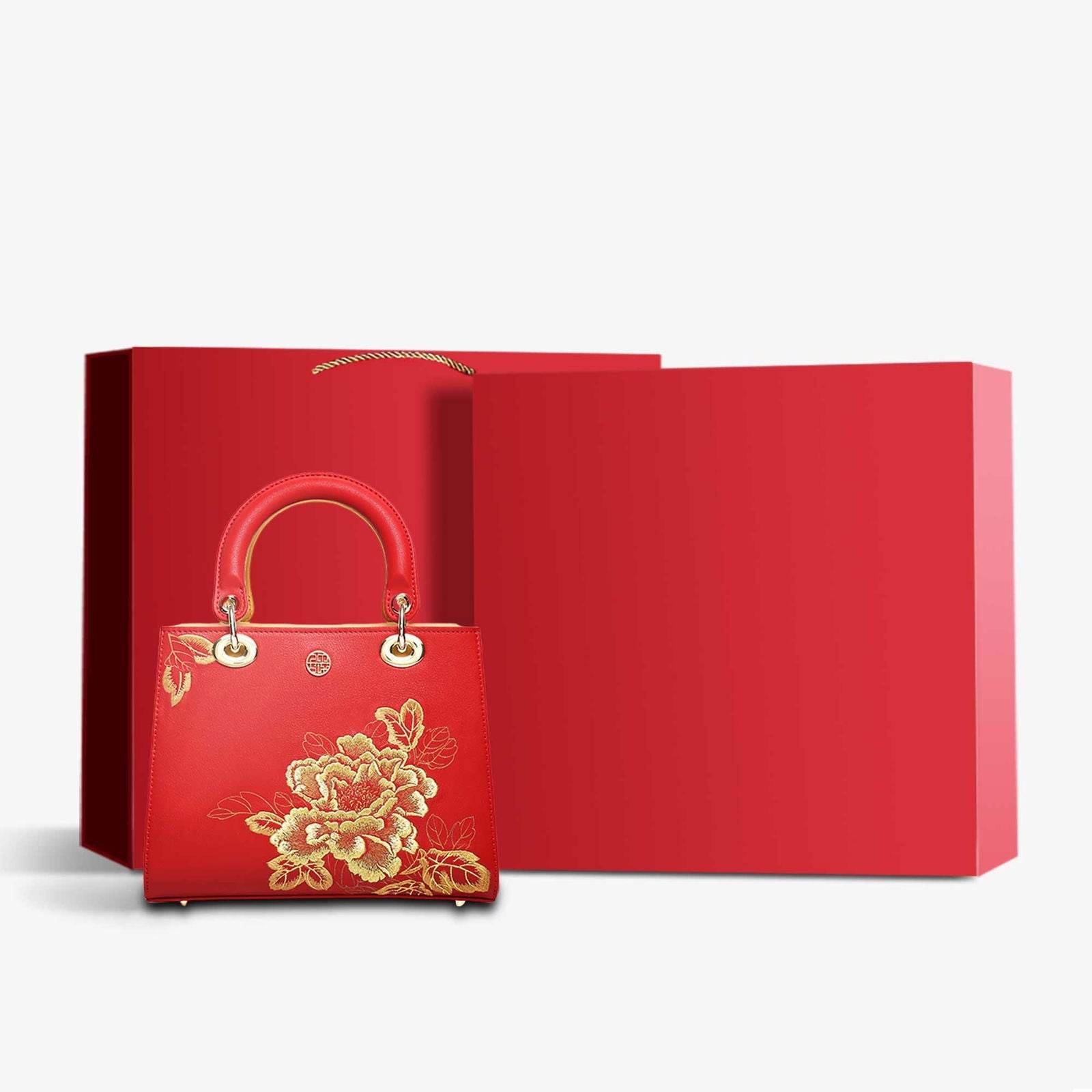 Embroidery Leather Black Lady Bag Gold Peony Luxury Handbag - SinoCultural -- P110146-1