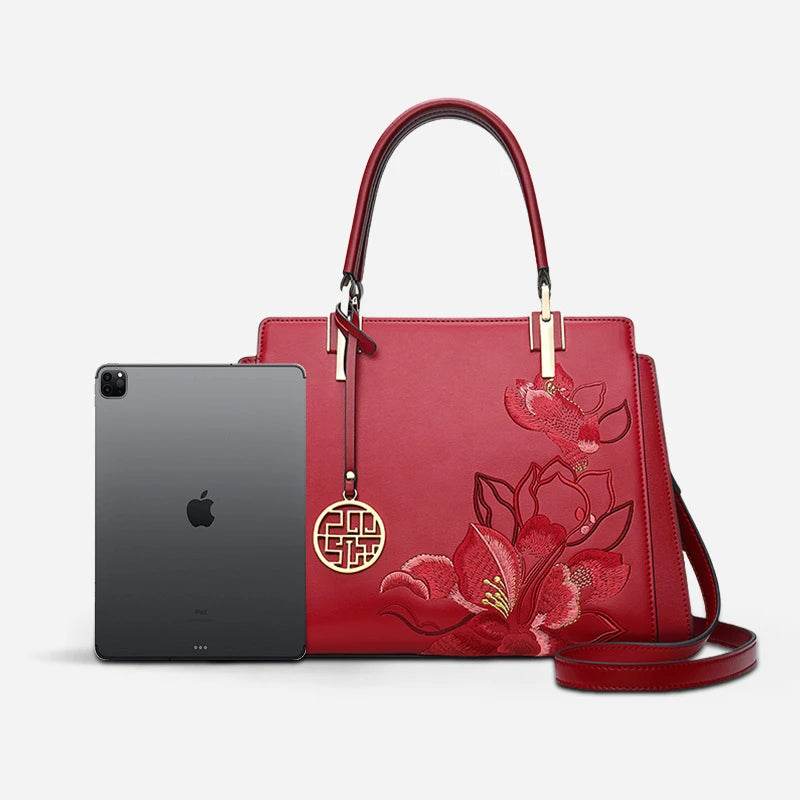Embroidery Leather Magnolia Crossbody Tote Bag Women Handbag - SinoCultural -- P120335-2