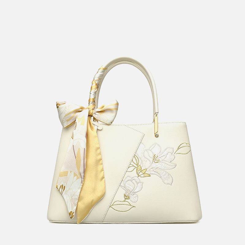 Embroidery Leather Magnolia Tote Bag Elegant Women Handbag with Scarf - SinoCultural -- P120348-3