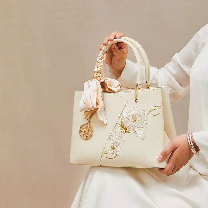 Embroidery Leather Magnolia Tote Bag Elegant Women Handbag with Scarf - SinoCultural -- P120348-3