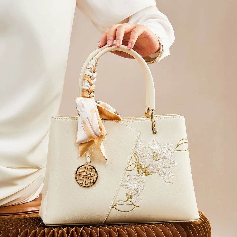 Embroidery Leather Magnolia Tote Bag Elegant Women Handbag with Scarf - SinoCultural -- P120348-3