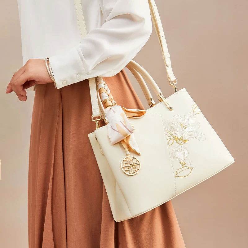 Embroidery Leather Magnolia Tote Bag Elegant Women Handbag with Scarf - SinoCultural -- P120348-3