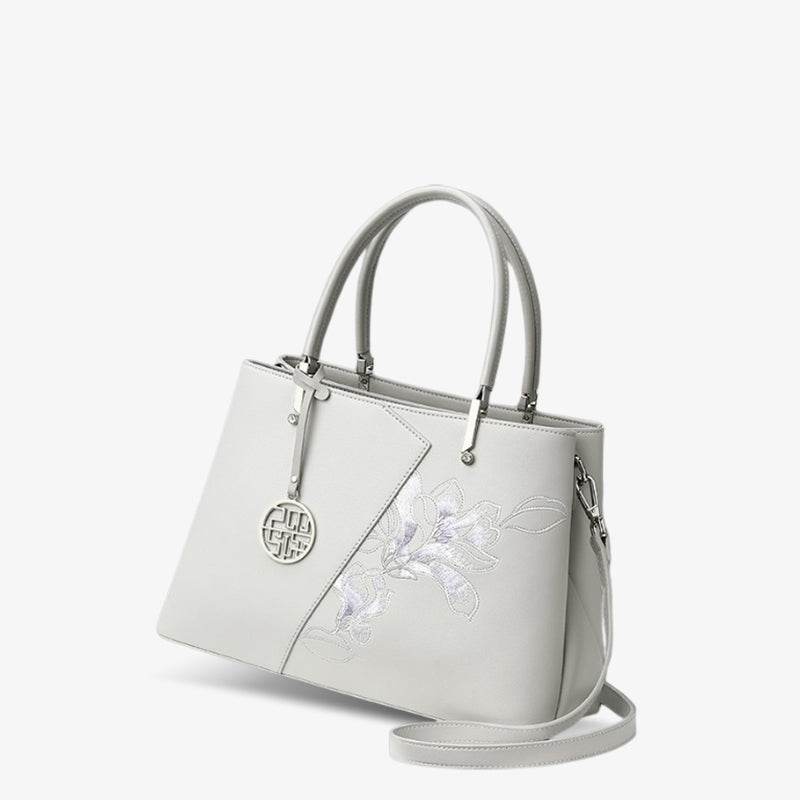 Embroidery Leather Magnolia Tote Bag Elegant Women Handbag with Scarf - SinoCultural -- P120348-3
