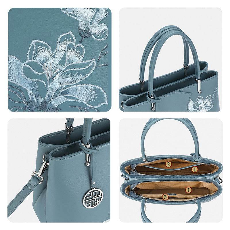 Embroidery Leather Magnolia Tote Bag Elegant Women Handbag with Scarf - SinoCultural -- P120348-3