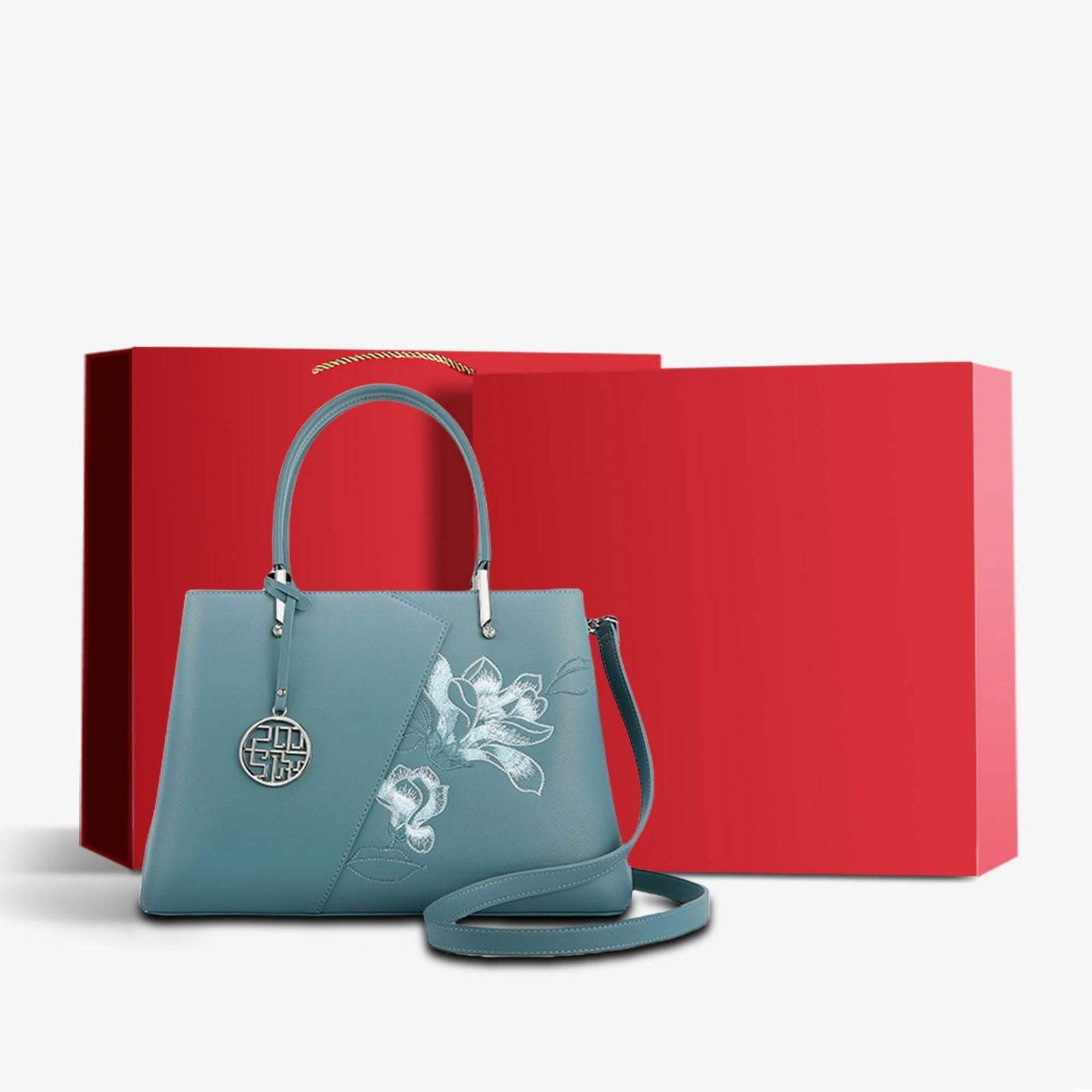 Embroidery Leather Magnolia Tote Bag Elegant Women Handbag with Scarf - SinoCultural -- P120348-3