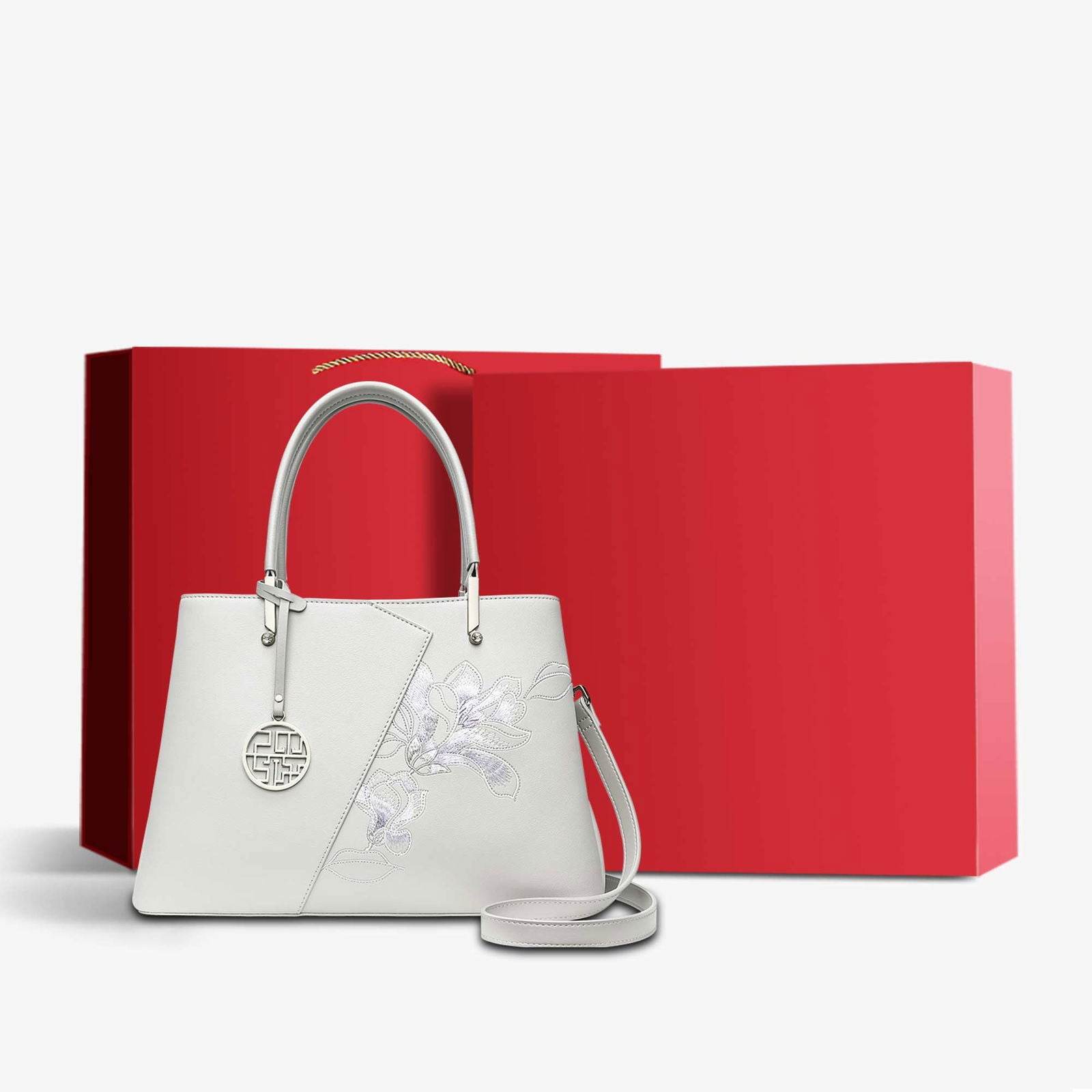 Embroidery Leather Magnolia Tote Bag Elegant Women Handbag with Scarf - SinoCultural -- P120348-3