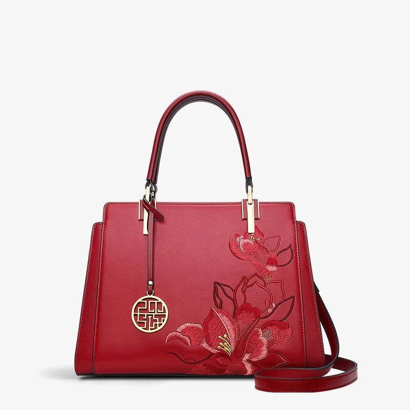 Embroidery Leather Magnolia Crossbody Tote Bag Women Handbag - SinoCultural -- P120335-2
