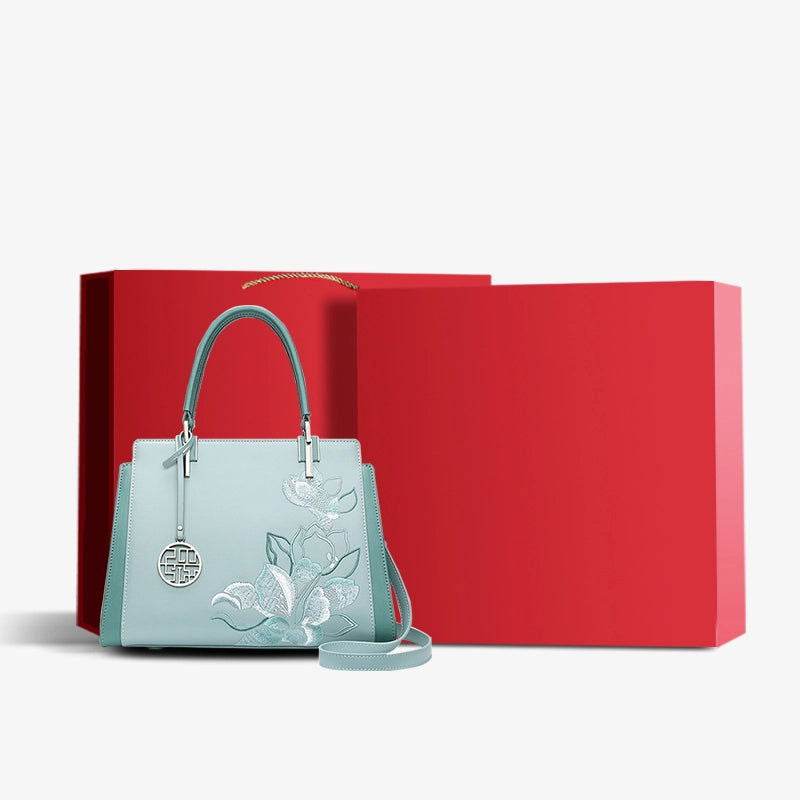 Embroidery Leather Magnolia Crossbody Tote Bag Women Handbag - SinoCultural -- P120335-2