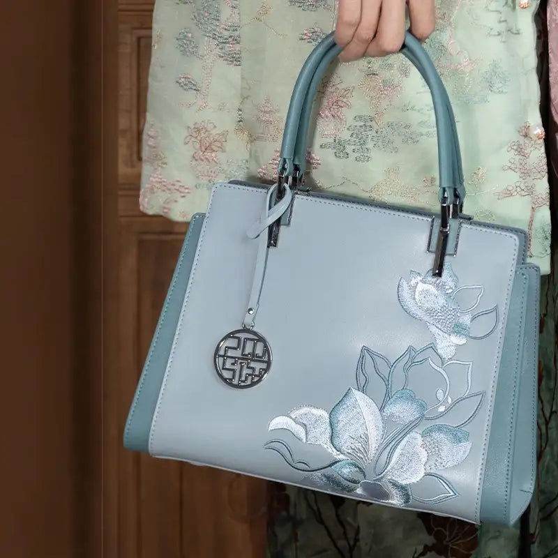 Embroidery Leather Magnolia Crossbody Tote Bag Women Handbag - SinoCultural -- P120335-2