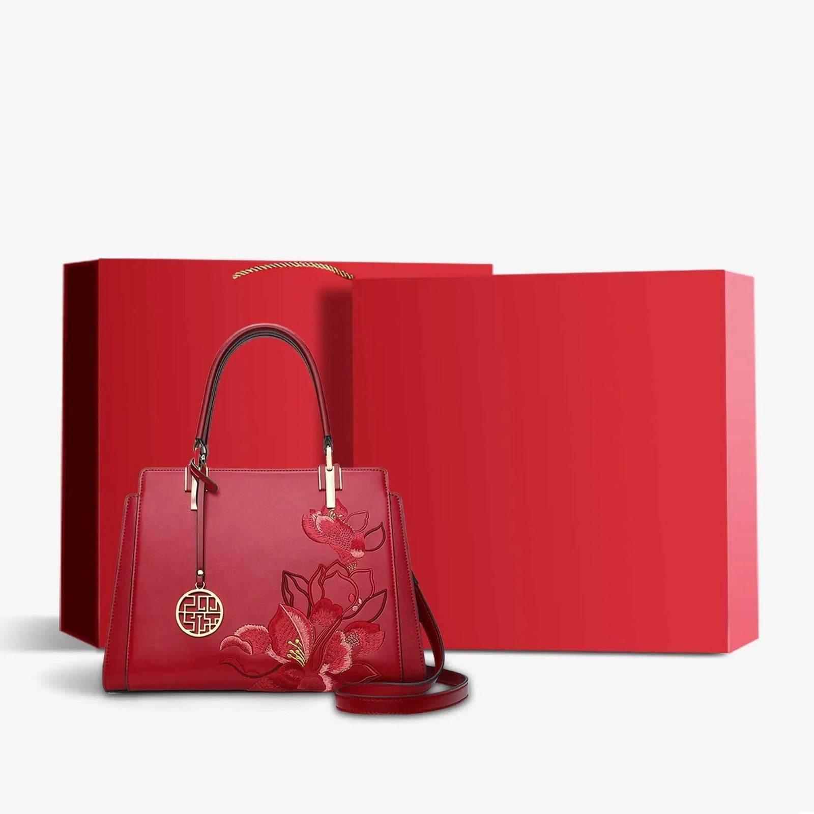 Embroidery Leather Magnolia Crossbody Tote Bag Women Handbag - SinoCultural -- P120335-2