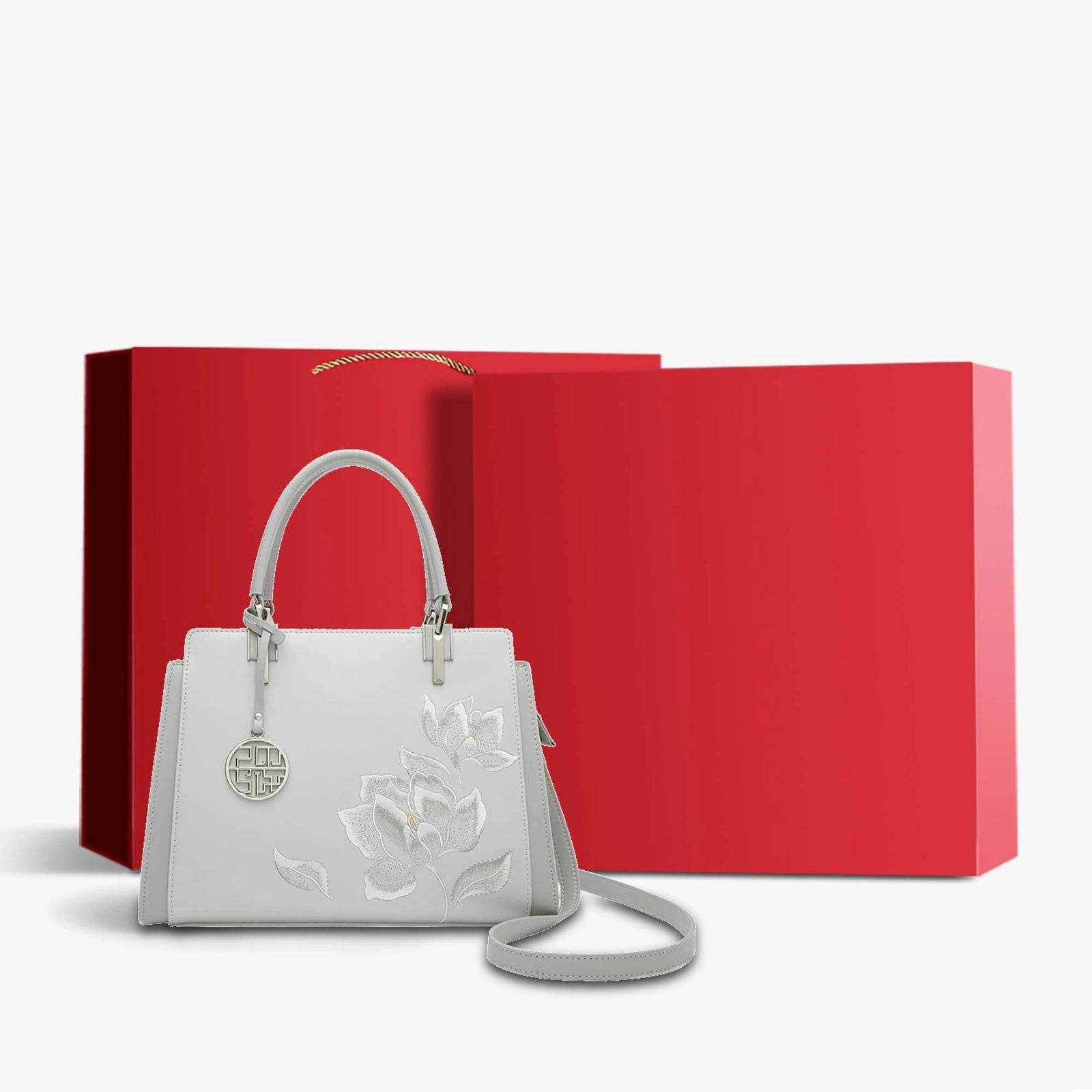 Embroidery Leather Magnolia Crossbody Tote Bag Women Handbag - SinoCultural -- P120335-2