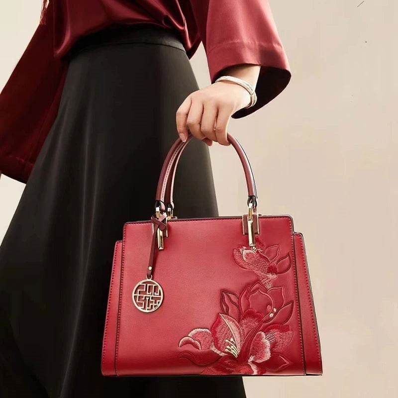 Embroidery Leather Magnolia Crossbody Tote Bag Women Handbag - SinoCultural -- P120335-2