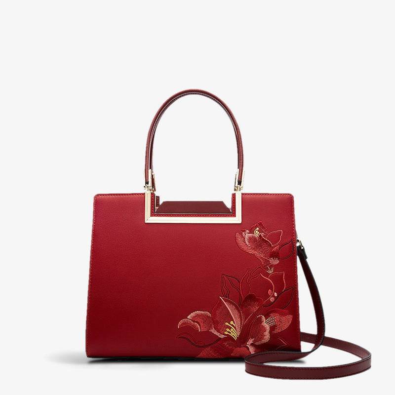 Sinocultural Embroidery Leather Red Tote Bag Magnolia Women's Handbag - SinoCultural -- P120346-1