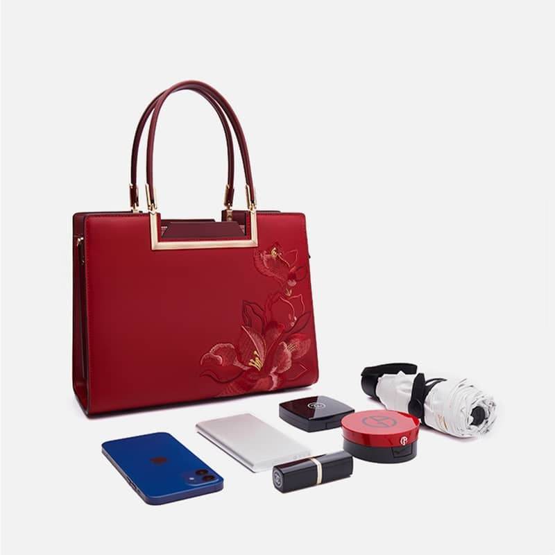Sinocultural Embroidery Leather Red Tote Bag Magnolia Women's Handbag - SinoCultural -- P120346-1