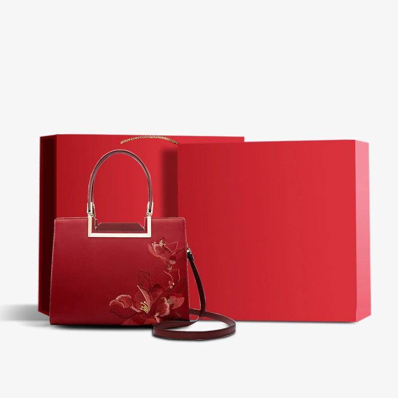Sinocultural Embroidery Leather Red Tote Bag Magnolia Women's Handbag - SinoCultural -- P120346-1