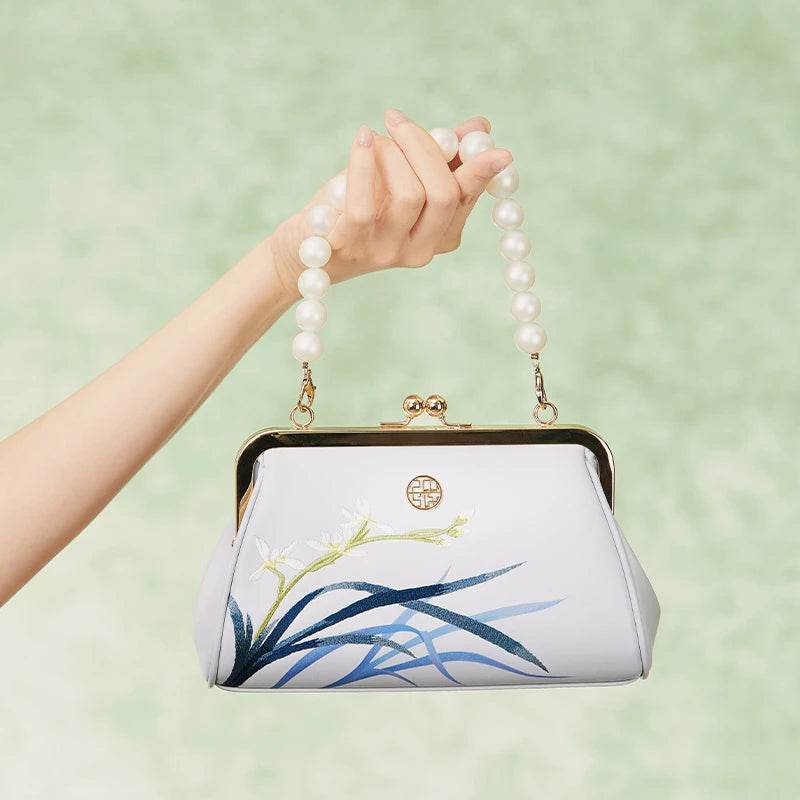 Embroidery Leather Blue Chain Kiss Lock Clutch Handbag Orchid - SinoCultural -- P220063 -
