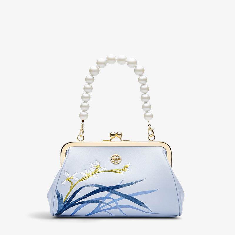 Embroidery Leather Blue Chain Kiss Lock Clutch Handbag Orchid - SinoCultural -- P220063 -