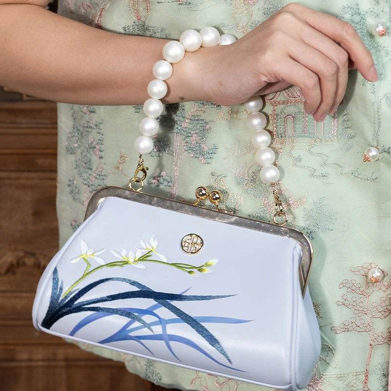 Embroidery Leather Blue Chain Kiss Lock Clutch Handbag Orchid - SinoCultural -- P220063 -