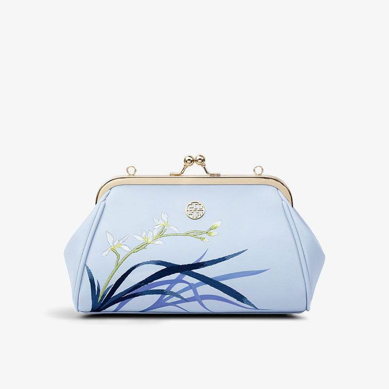 Embroidery Leather Blue Chain Kiss Lock Clutch Handbag Orchid - SinoCultural -- P220063 -